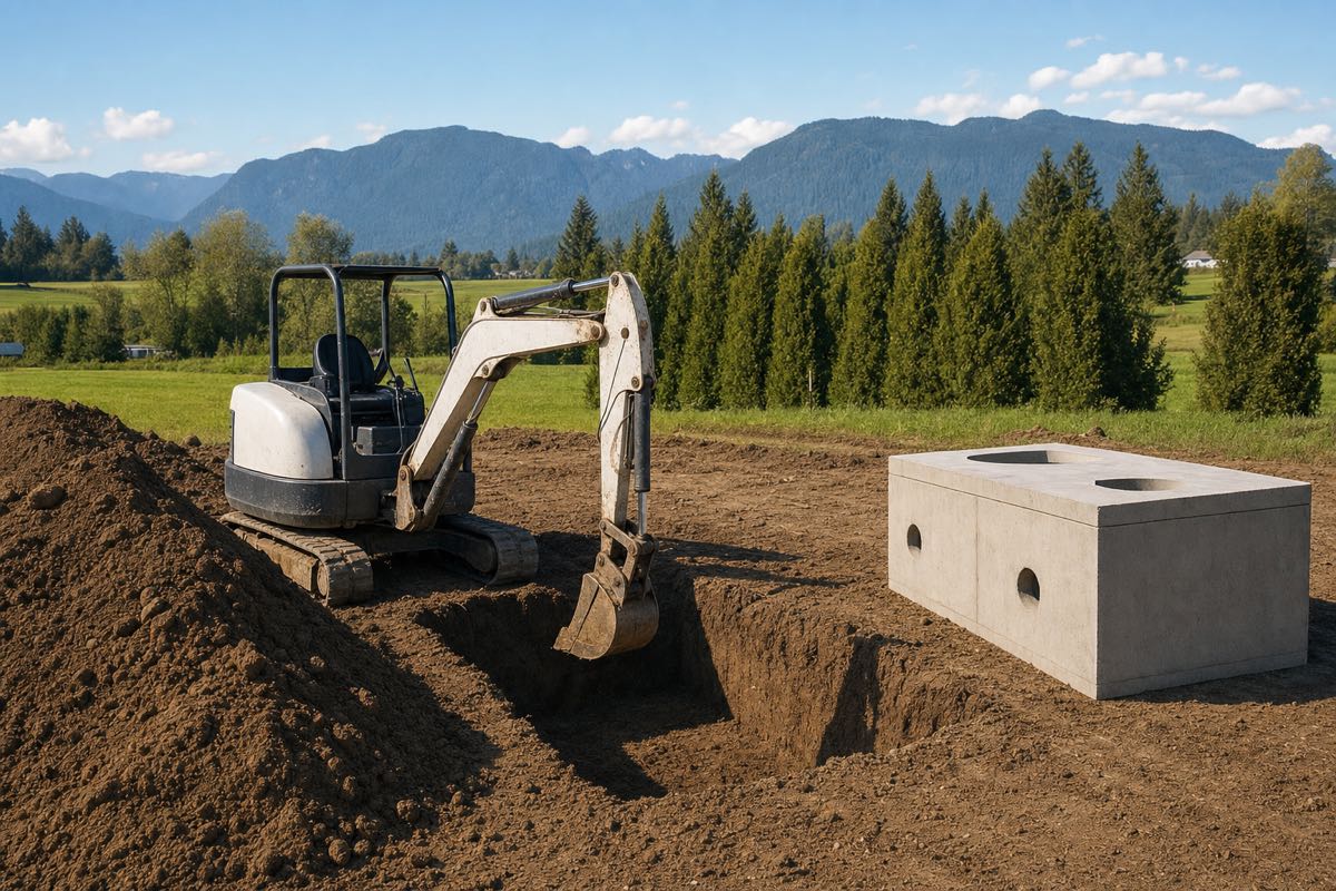 Excavator digging a trench for a new septic system installation on a rural Fraser Valley building lot