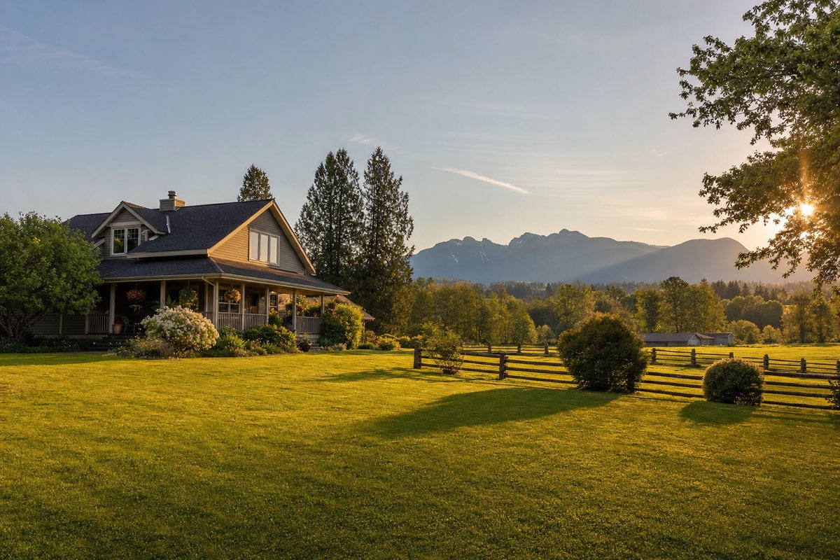 Rural Fraser Valley acreage with a farmhouse, big green lawn and distant mountains at golden hour, the kind of property served by a septic system